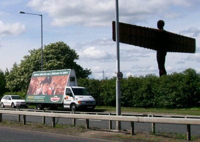 Advertising Van publicising Beamish Museum under Angel of the North, Gateshead
