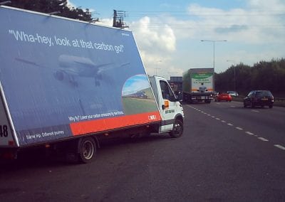 Moving Billboard GNER York promoting carbon footprint Rail-vs-Plane