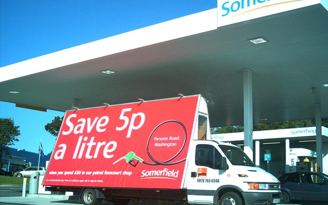 Advertising Van publicising petrol promotion in Washington, Tyne and Wear