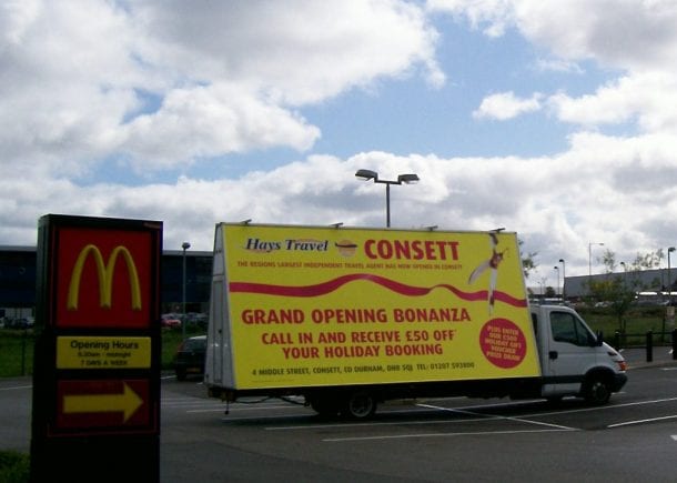 Advertising Van publicising Hays Travel store opening Consett, County Durham