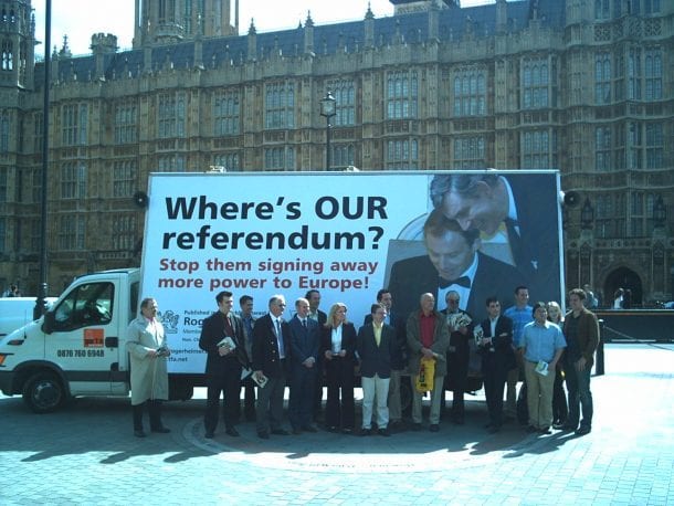 Poster truck Freedom Association outside the Palace of Westminster, London